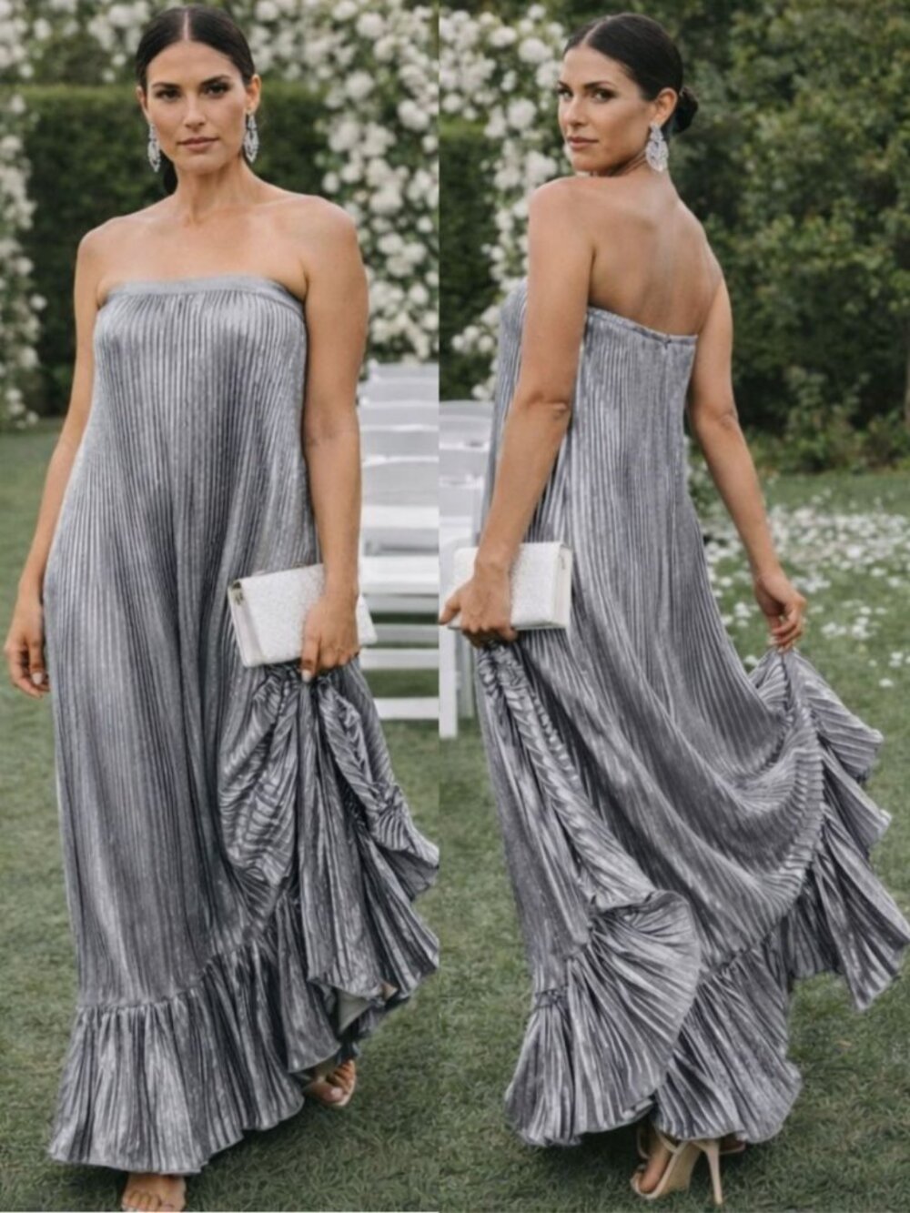L'idee Fantasia Dress Silver Grey Pleated Strapless Metallic Shift Gown Size‎ 2